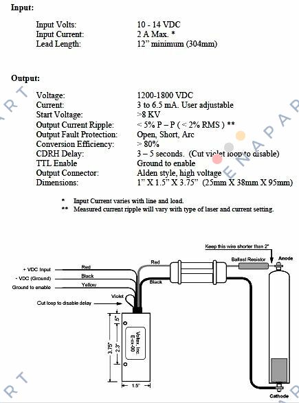 E-15 Fuente de alimentación láser HeNe de 12 VDC para cabezales de 6 ″ a 9 ″